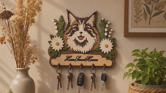 Multilayer Longhair Cat Key Holder Home Sweet Home Sign Floral Universal Vector Design for All Laser Cutters xTool Glowforge CNC