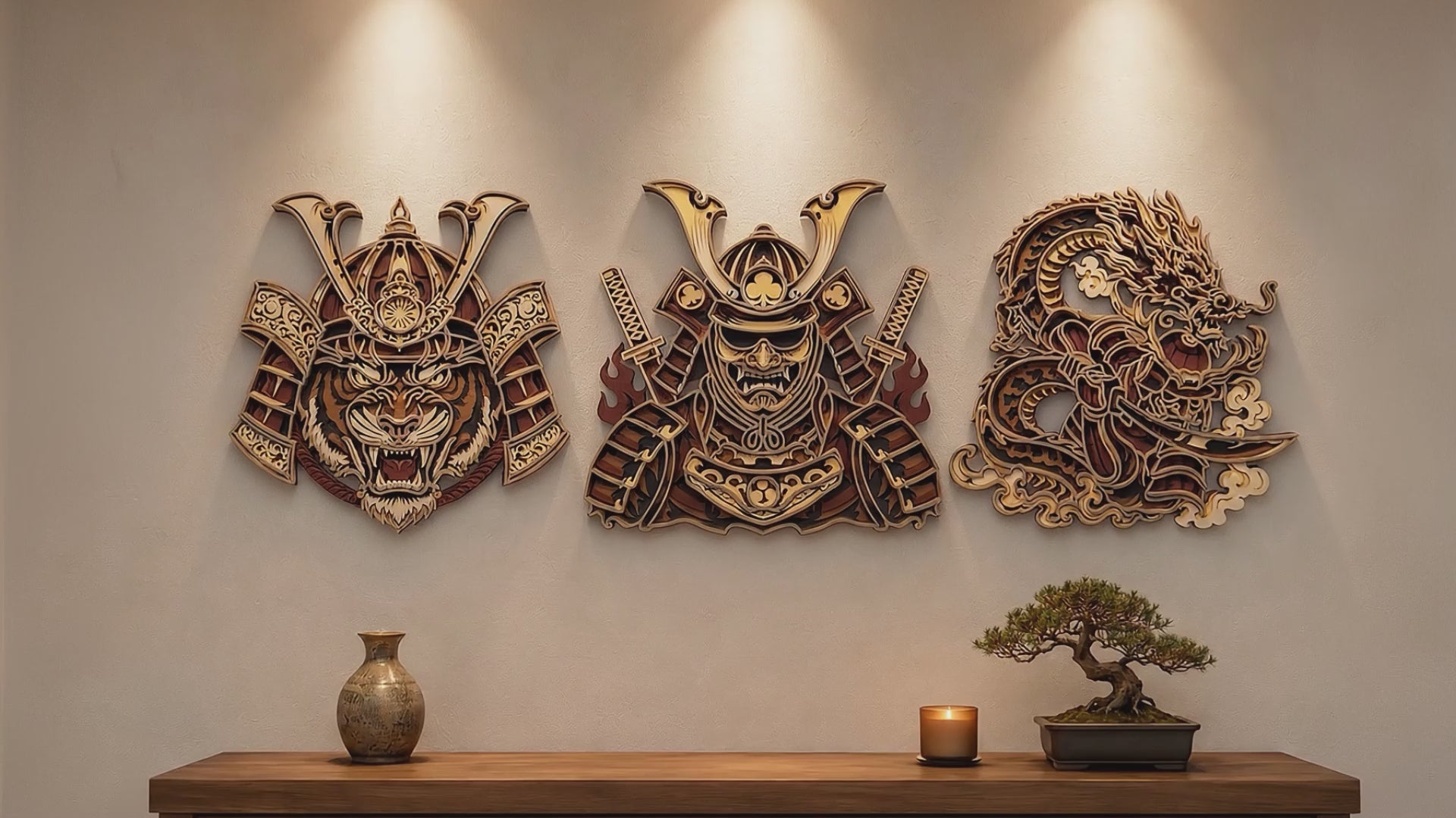 SVG DXF File Multilayer Samurai and Dragon Laser Cut 3D Japanese Warrior Wall Art Bundle for Glowforge | CUTSVG.COM