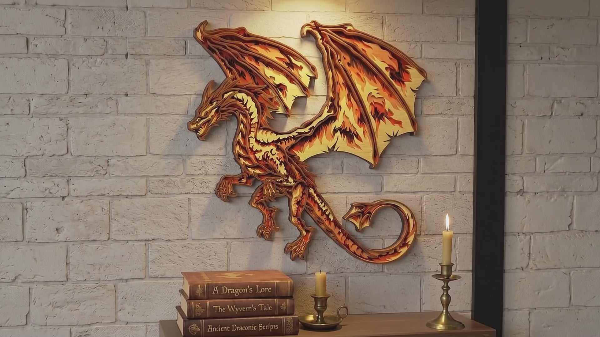 Fire Dragon Wall Art SVG | Layered Fantasy Dragon Laser Cut File | Flame Wing Dragon Decor for Glowforge, xTool & CNC