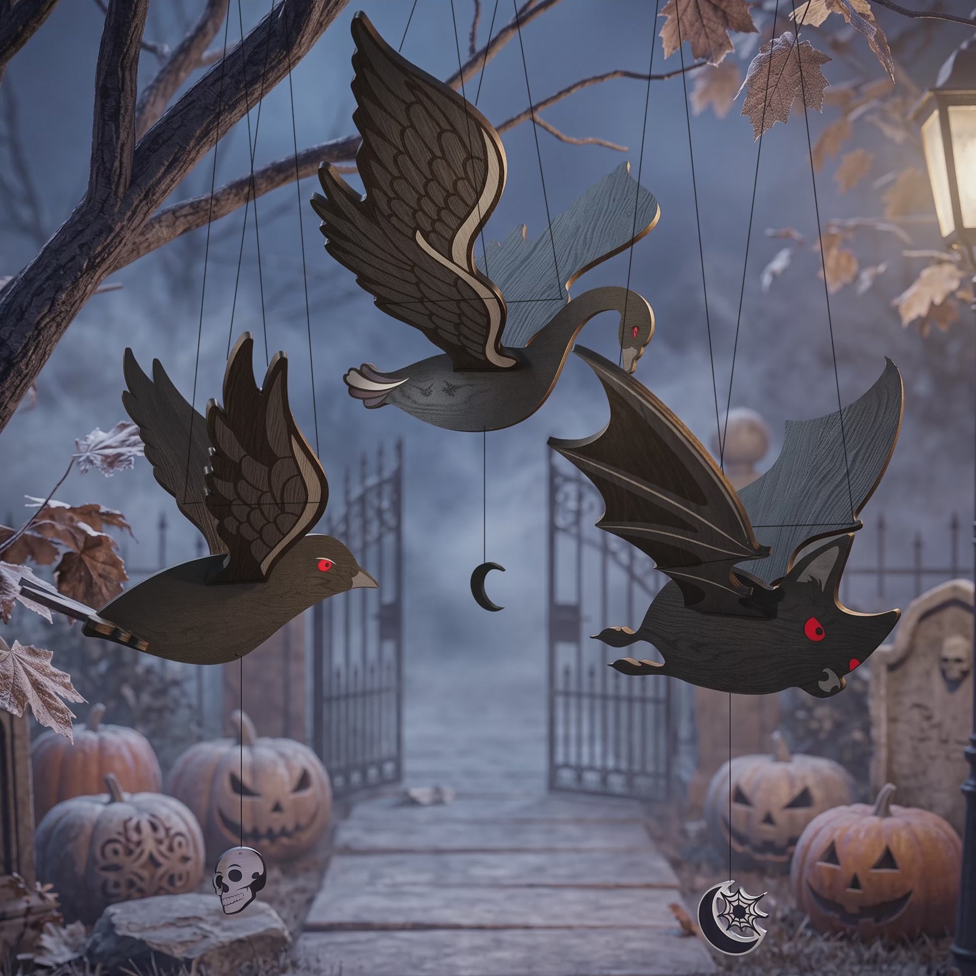 3D Halloween Kinetic Mobile Hanging Ornament Spooky Bat Crow Skeleton Horse Bundle Laser Cut Vector Design for Glowforge Table Decor