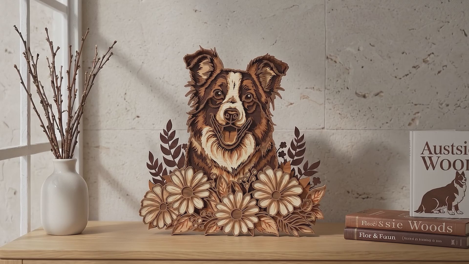 Border Collie Floral SVG | Layered Dog and Daisy Laser Cut File | Wooden Pet Memorial & Farmhouse Decor SVG for Glowforge, xTool & CNC