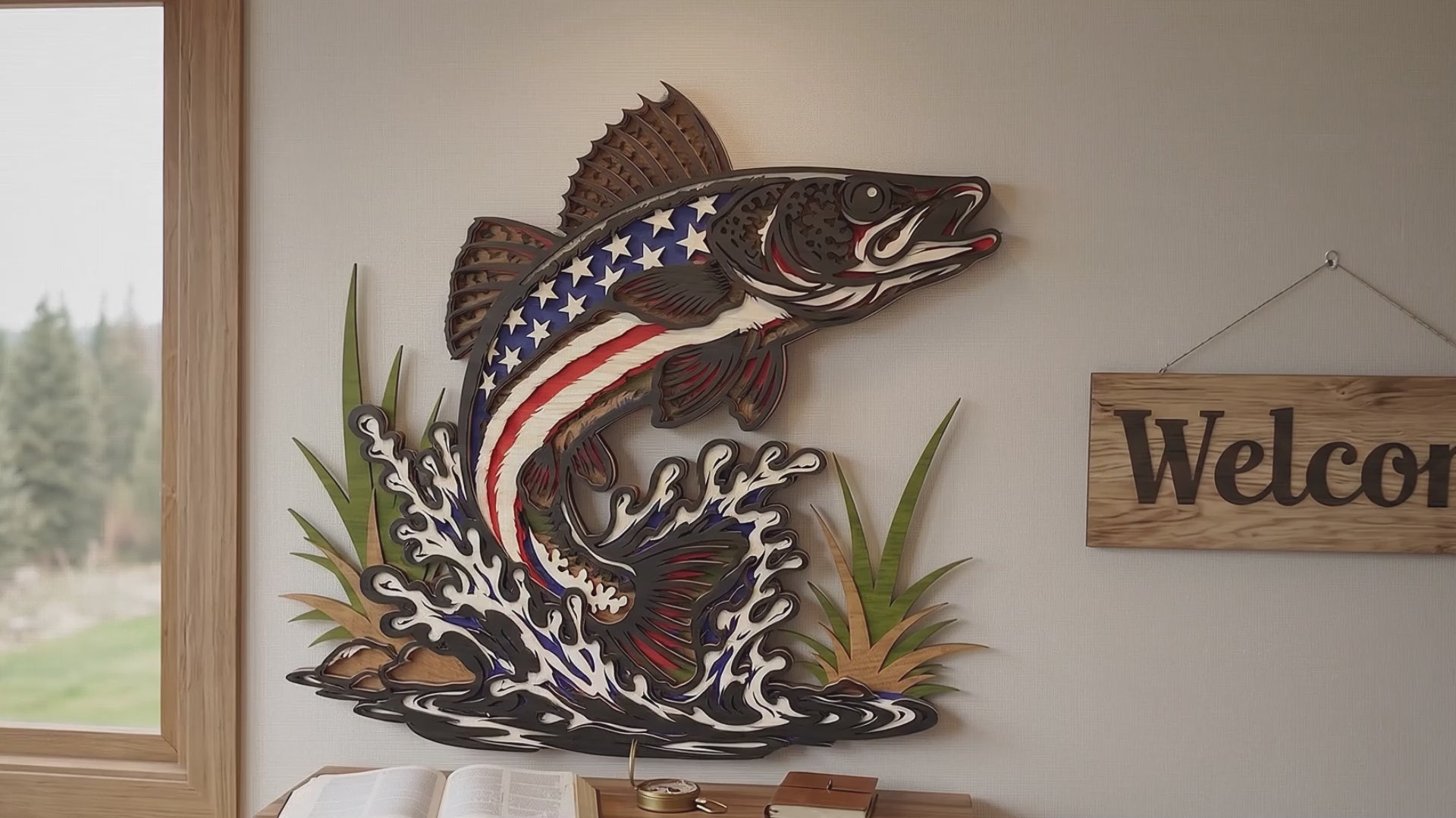 Patriotic Walleye Fish Laser Cut File SVG | American Flag Walleye Wall Art | Layered Fishing Decor for Glowforge & LightBurn