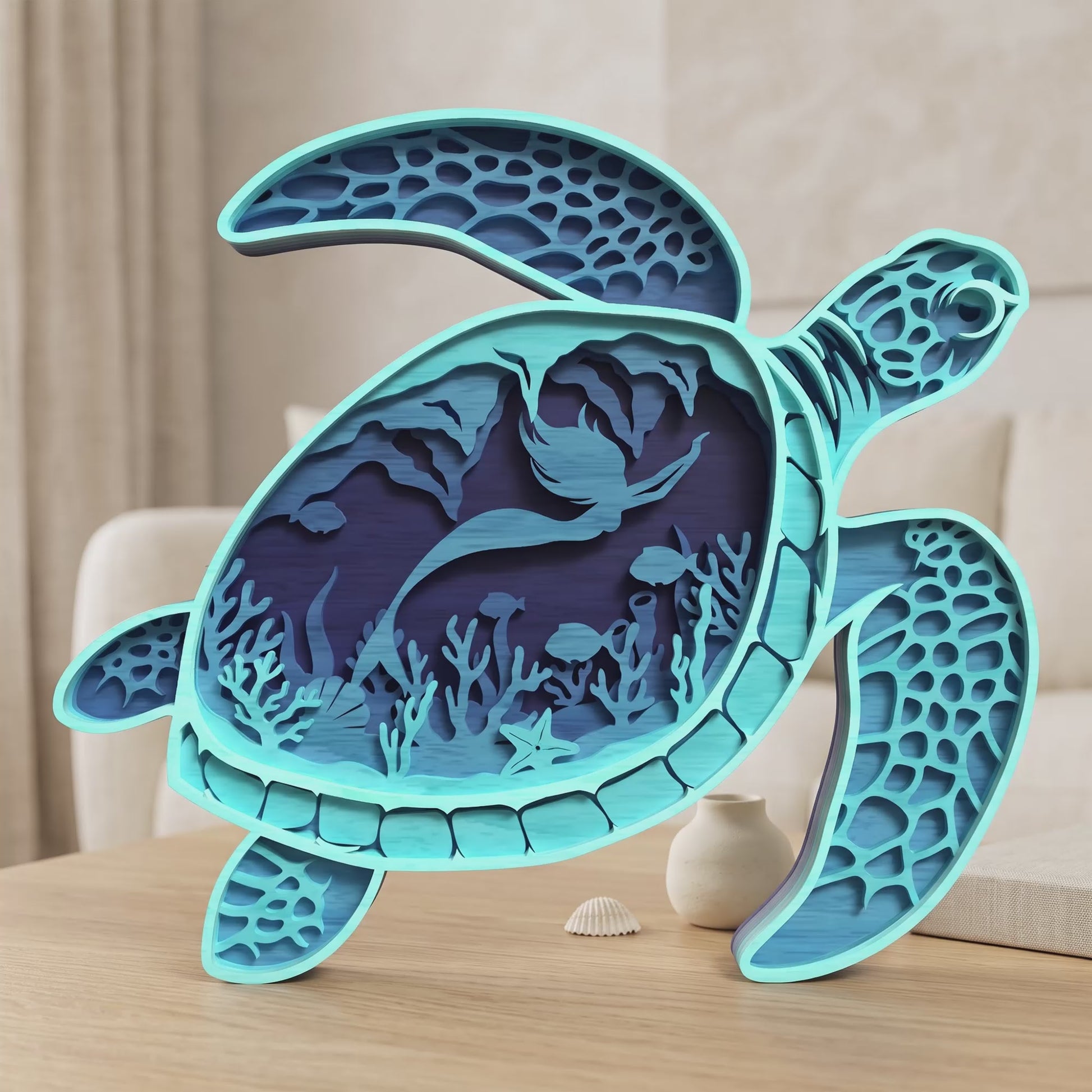 3D Multilayer Sea Turtle Wall Art SVG DXF Ocean Mermaid Plaque Laser Cut Files Compatible with All Machines