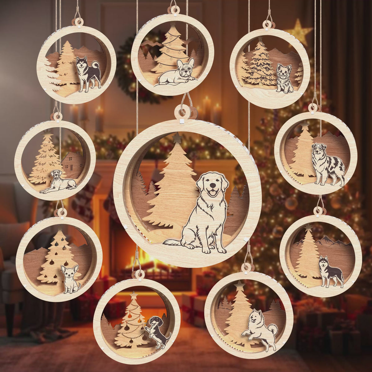 Dog Christmas Ornament Laser Cut Bundle, 10 Wooden Pet Holiday Tree Decoration Digital Designs