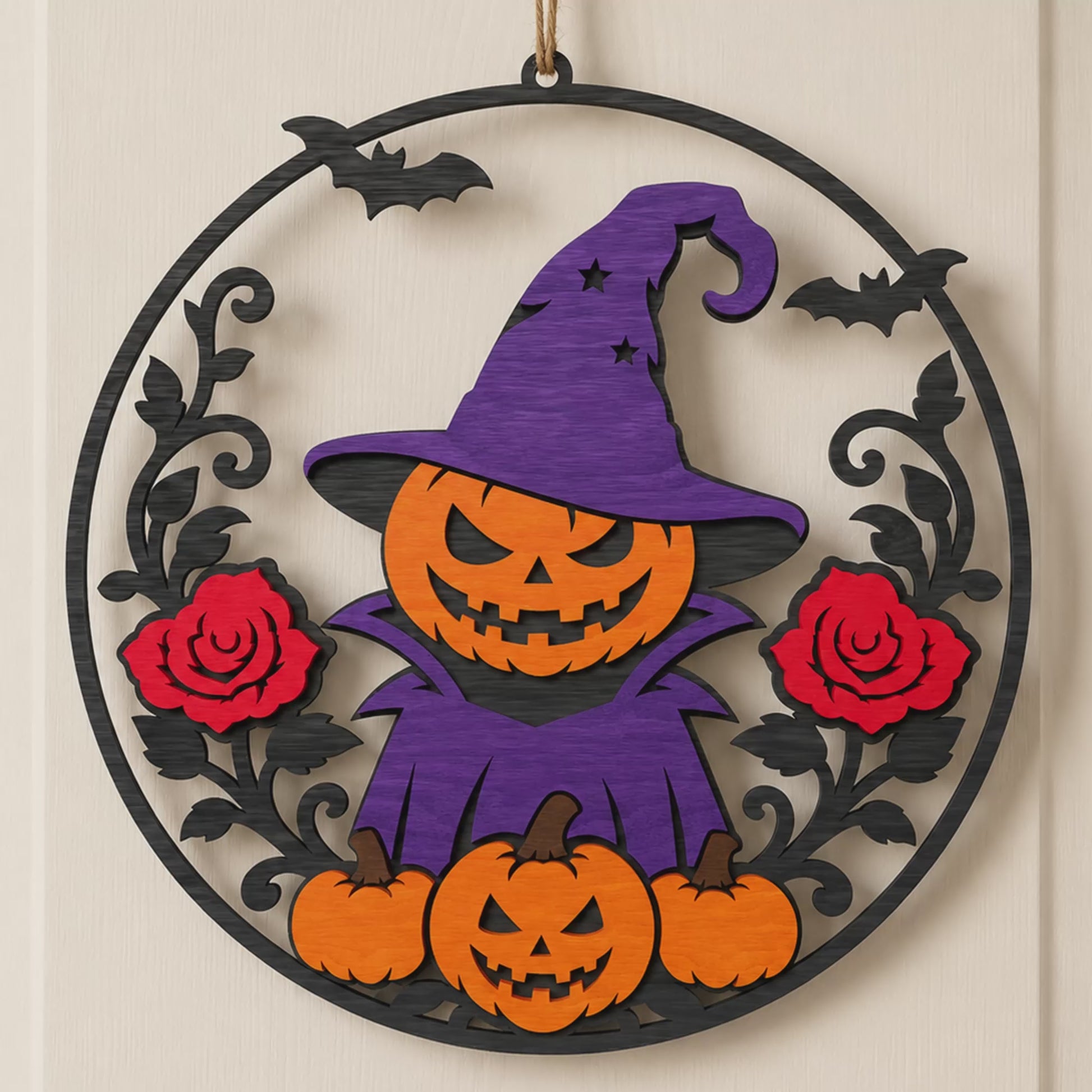 3D Halloween Animals Round Door Hanger Bat Witch Cat Bear Pumpkin Sign Bundle Universal Vector Design for All Laser Cutters xTool Glowforge CNC