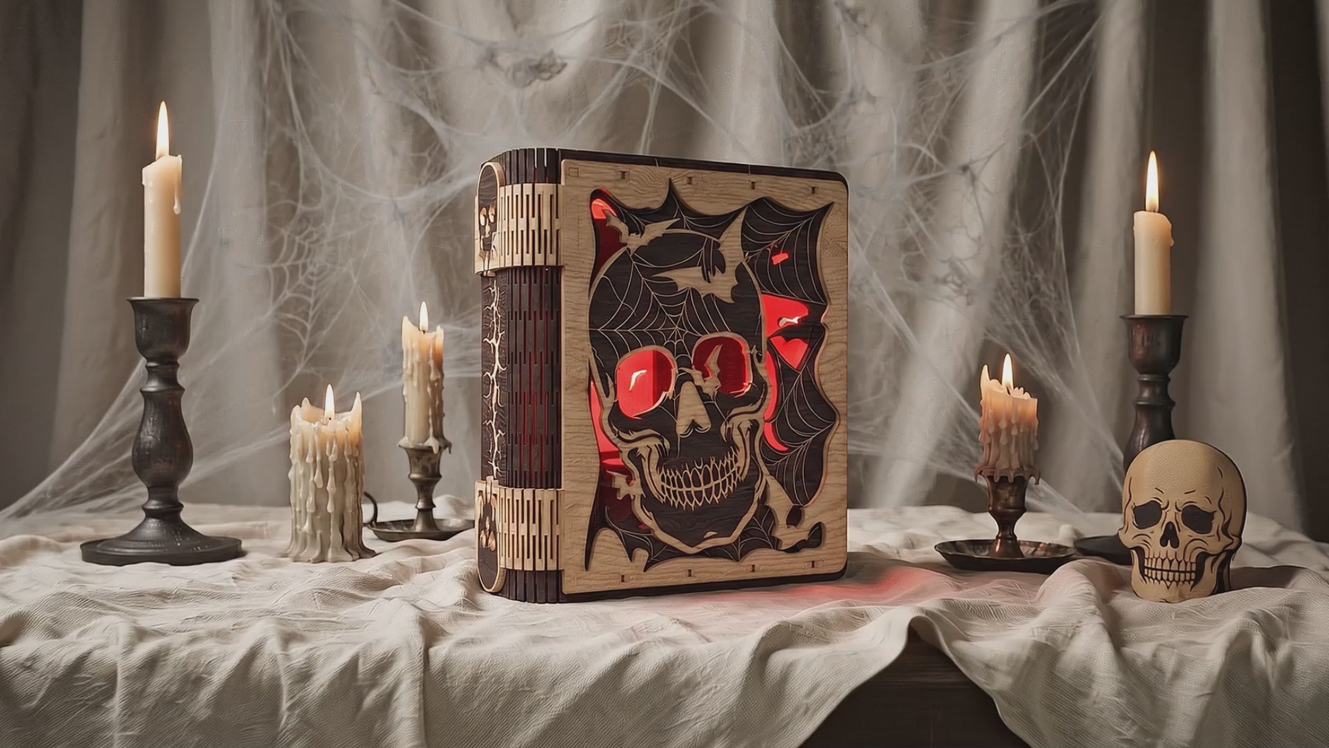 3D Halloween Book Nook Light Box Spooky Skull Spider Web Living Hinge Universal Vector Design for All Laser Cutters xTool Glowforge CNC