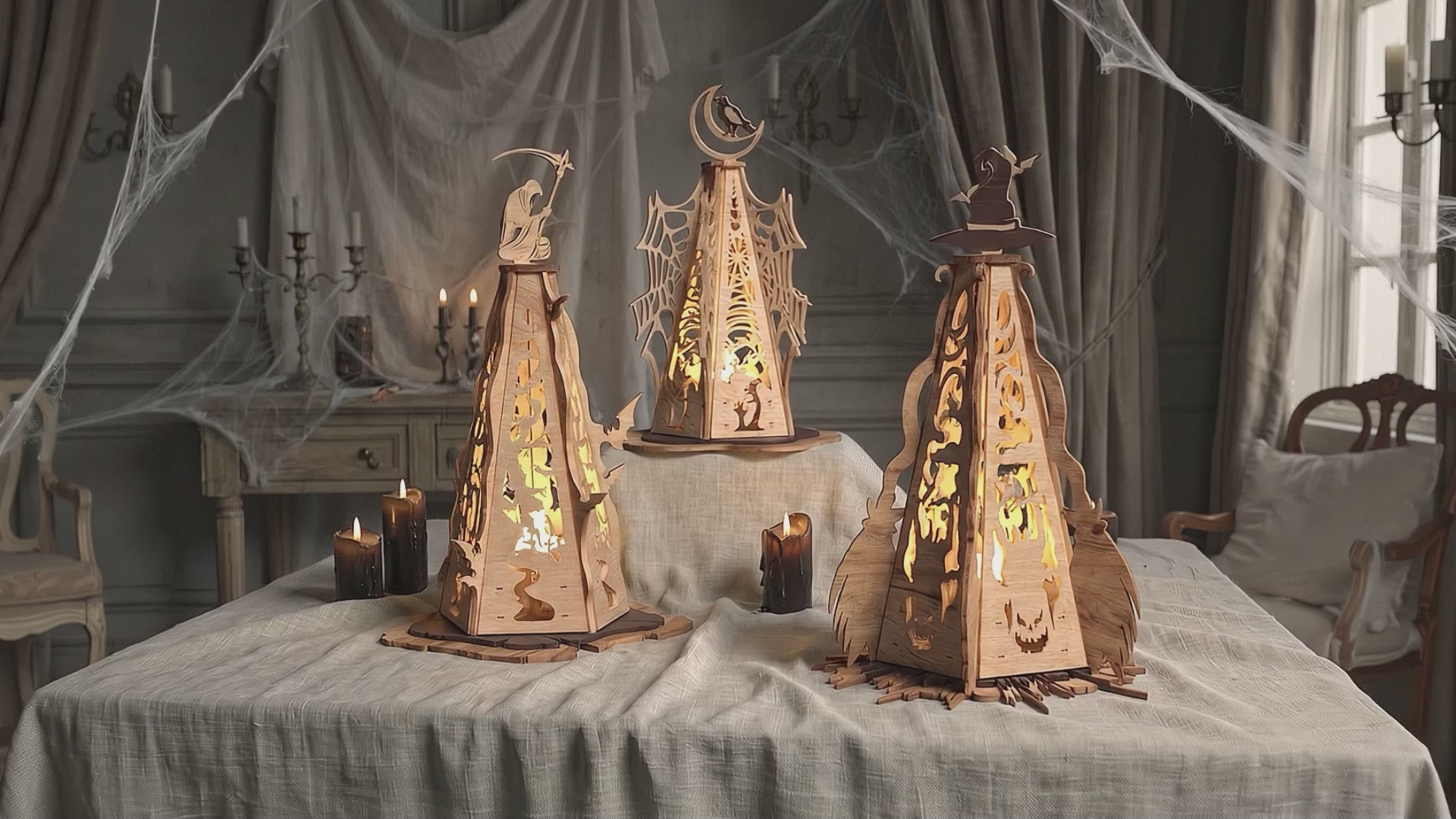 3D Halloween Tower Lantern Tea Light Holder Spooky Witch Grim Reaper Raven Bundle Universal Vector Design for All Laser Cutters xTool Glowforge CNC
