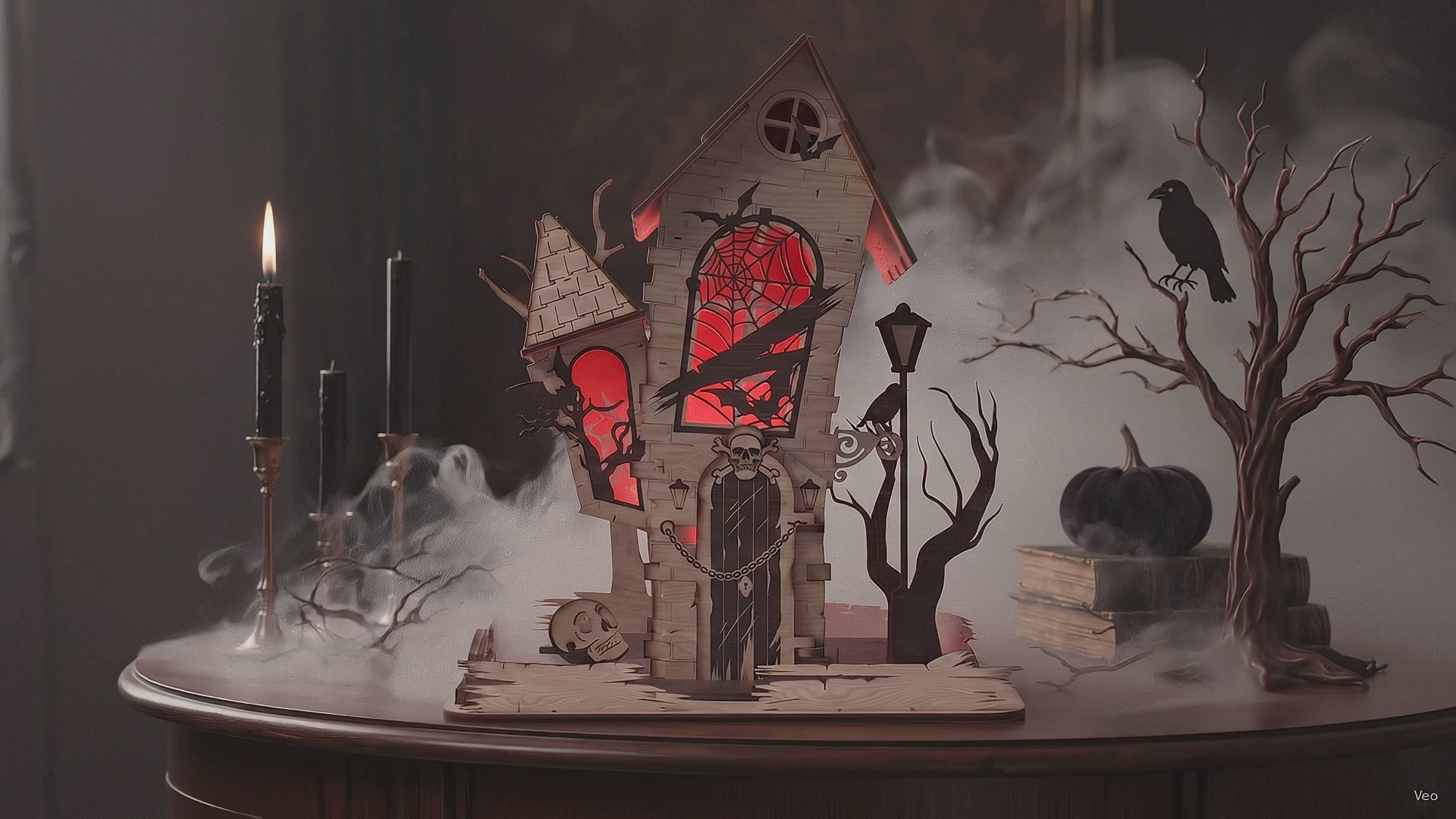 3D Halloween Haunted House Light Box Spooky Skull Vampire Bat Mansion Laser Cut Vector Design for Glowforge Table Decor