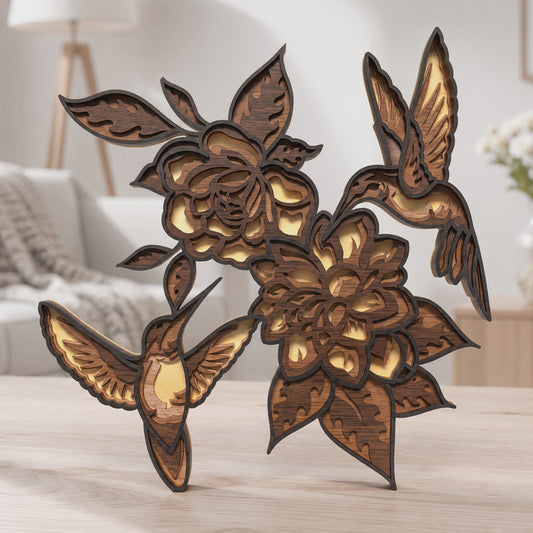 Multilayer Hummingbird Rose Floral Laser Cut 3D Bird Garden Vector Design for All Laser Cutters xTool Glowforge CNC Table Decor