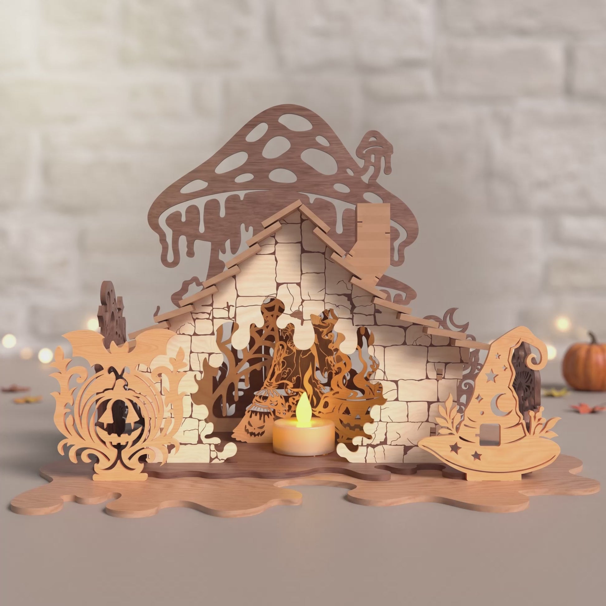 3D Halloween Witch Cabin Diorama Candle Holder Spooky Mushroom House Universal Vector Design for All Laser Cutters xTool Glowforge CNC
