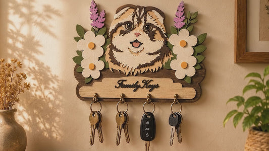 Multilayer Persian Cat Key Holder Family Keys Sign Floral Universal Vector Design for All Laser Cutters xTool Glowforge CNC