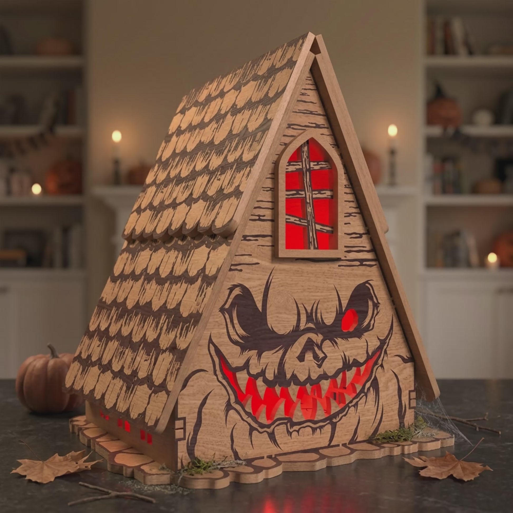 3D Halloween Haunted Cabin Light Box Spooky Monster Face House Universal Vector Design for All Laser Cutters xTool Glowforge CNC