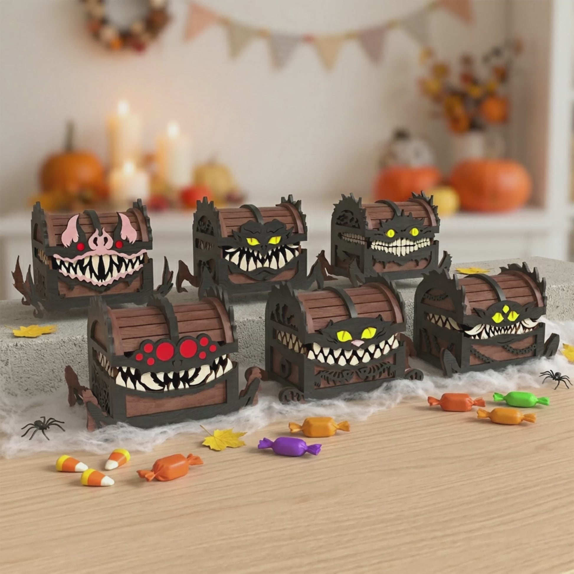 3D Halloween Monster Mimic Dice Chest Box Bundle Laser Cut Wooden Candy Holder Design for Glowforge Table Decor