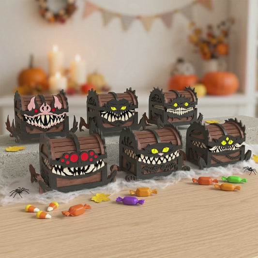 3D Halloween Monster Mimic Dice Chest Box Bundle Laser Cut Wooden Candy Holder Design for Glowforge Table Decor