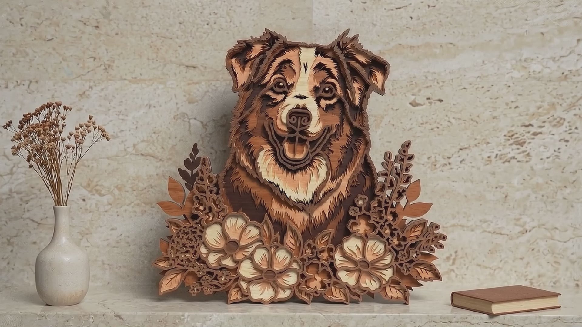 Australian Shepherd Floral Layered SVG | Aussie Dog with Wildflower Frame Laser Cut File | 3D Layered Dog Portrait SVG | Pet Memorial Wood Sign | Glowforge xTool CNC SVG