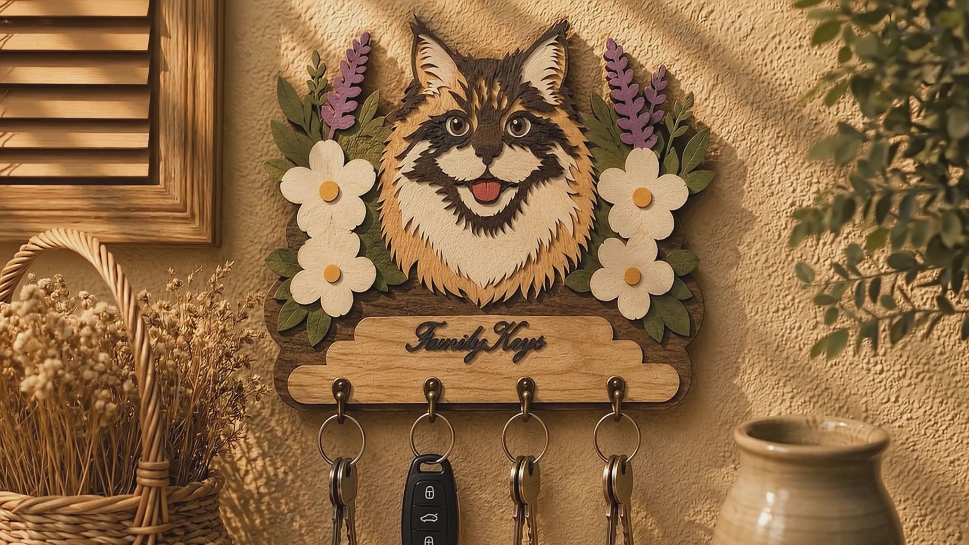 Multilayer Fluffy Cat Key Holder Family Keys Sign Floral Universal Vector Design for All Laser Cutters xTool Glowforge CNC