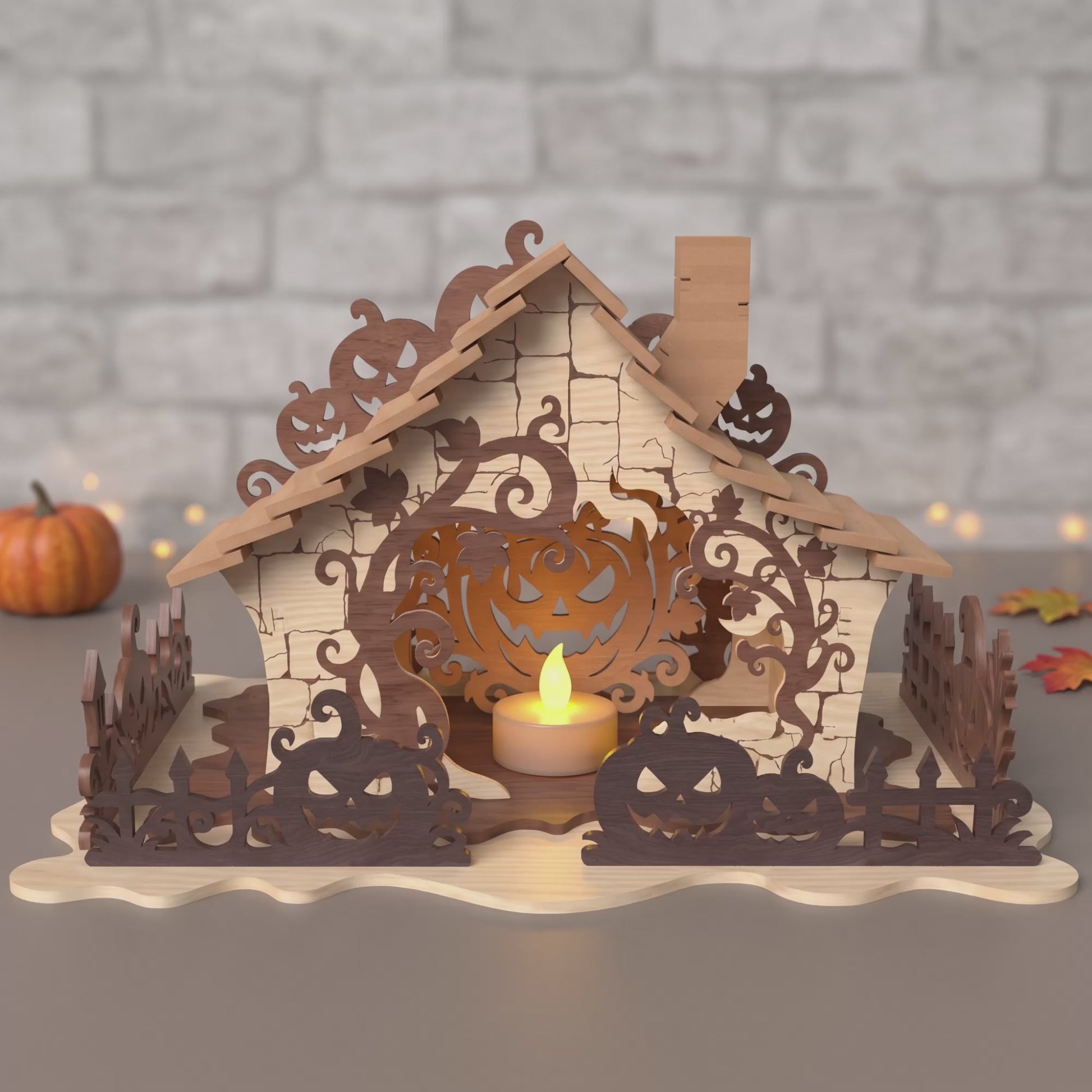 3D Halloween Pumpkin Cabin Diorama Candle Holder Spooky Jack-O-Lantern House Universal Vector Design for All Laser Cutters xTool Glowforge CNC