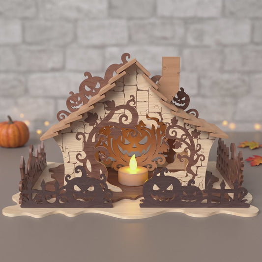 3D Halloween Pumpkin Cabin Diorama Candle Holder Spooky Jack-O-Lantern House Universal Vector Design for All Laser Cutters xTool Glowforge CNC