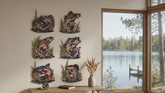 Patriotic Fishing Fish Bundle SVG DXF | 6 Layered American Flag Fish Designs | Lake House Wall Art | Glowforge Digital Download