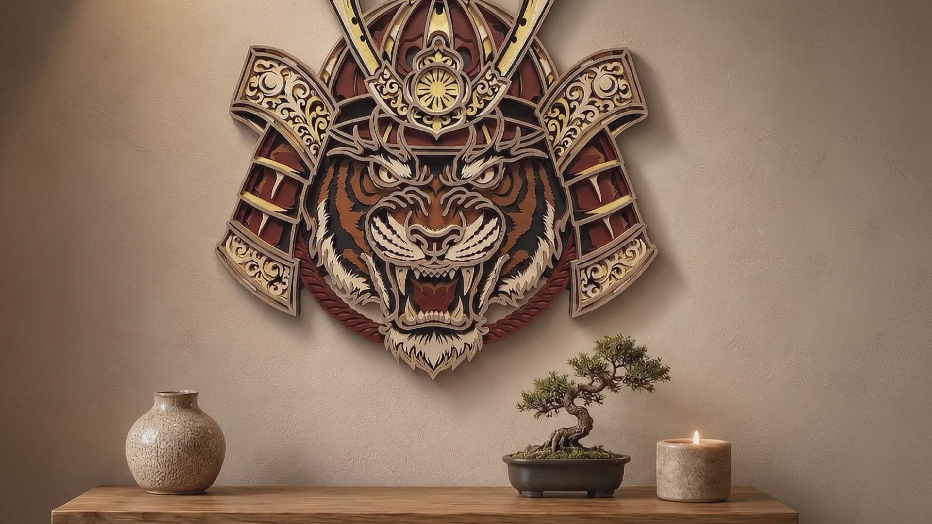 SVG DXF File Multilayer Tiger Samurai Laser Cut 3D Japanese Kabuto Design for Glowforge Wall Art | CUTSVG.COM
