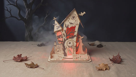 3D Halloween Haunted Cabin Light Box Spooky Eyeball Witch Lantern Laser Cut Vector Design for Glowforge Table Decor