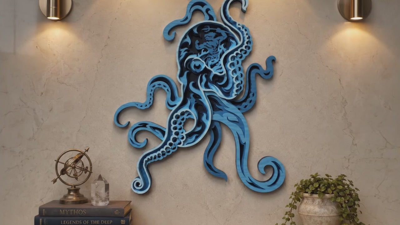 SVG DXF File Multilayer Octopus Poseidon Laser Cut 3D Ocean Wall Art Design for Glowforge Wood | CUTSVG.COM