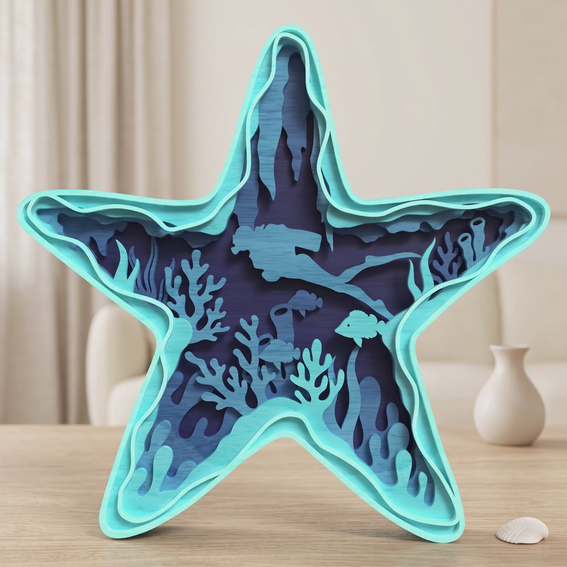 3D Multilayer Starfish Wall Art SVG DXF Ocean Scuba Diver Plaque Laser Cut Files Compatible with All Machines