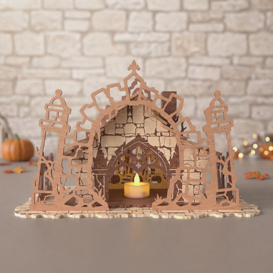 3D Halloween Haunted Castle Diorama Candle Holder Gothic Manor Architecture Universal Vector Design for All Laser Cutters xTool Glowforge CNC