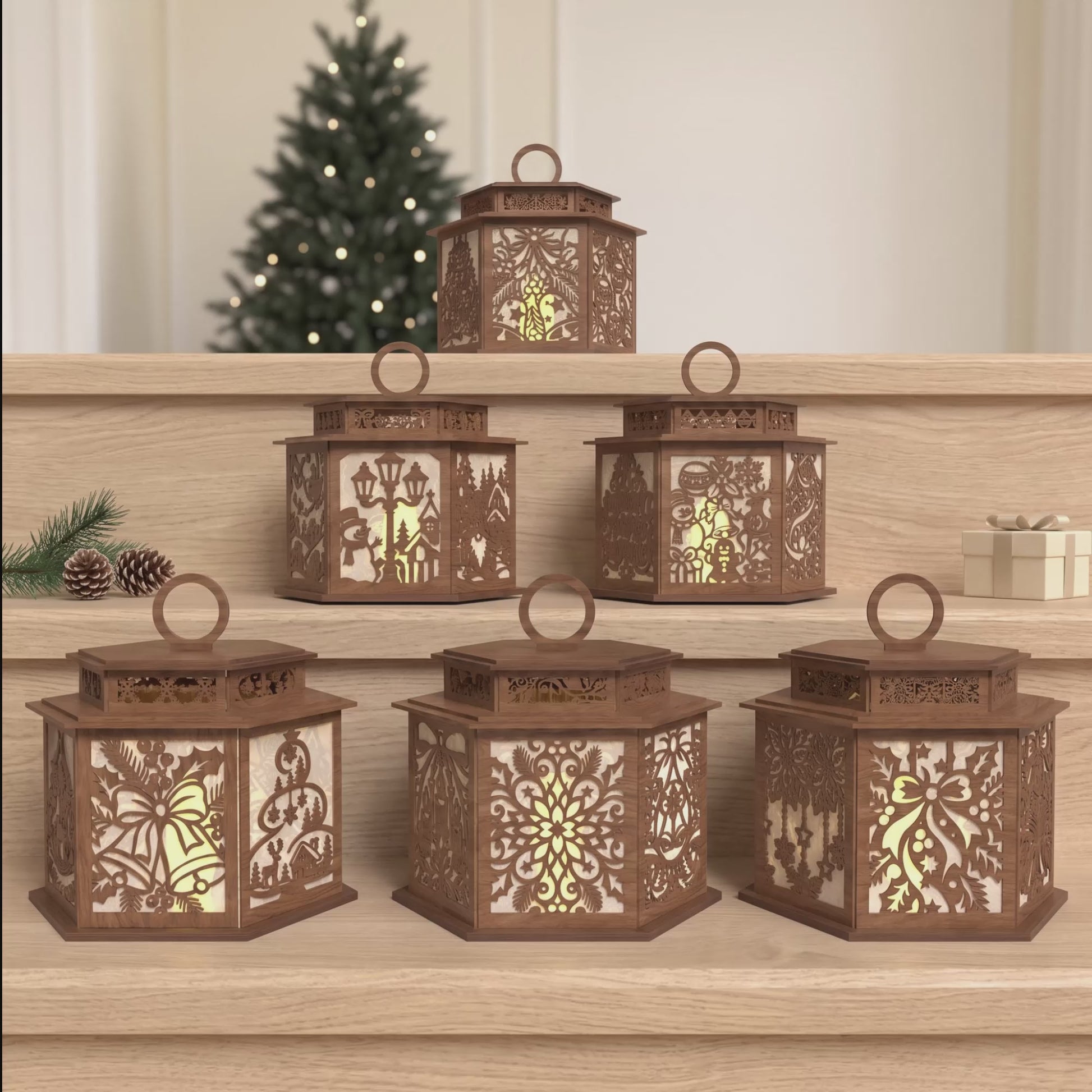 3D Multilayer Christmas Lanterns Bundle SVG DXF Holiday Festive Light Boxes Laser Cut Files Compatible with All Machines