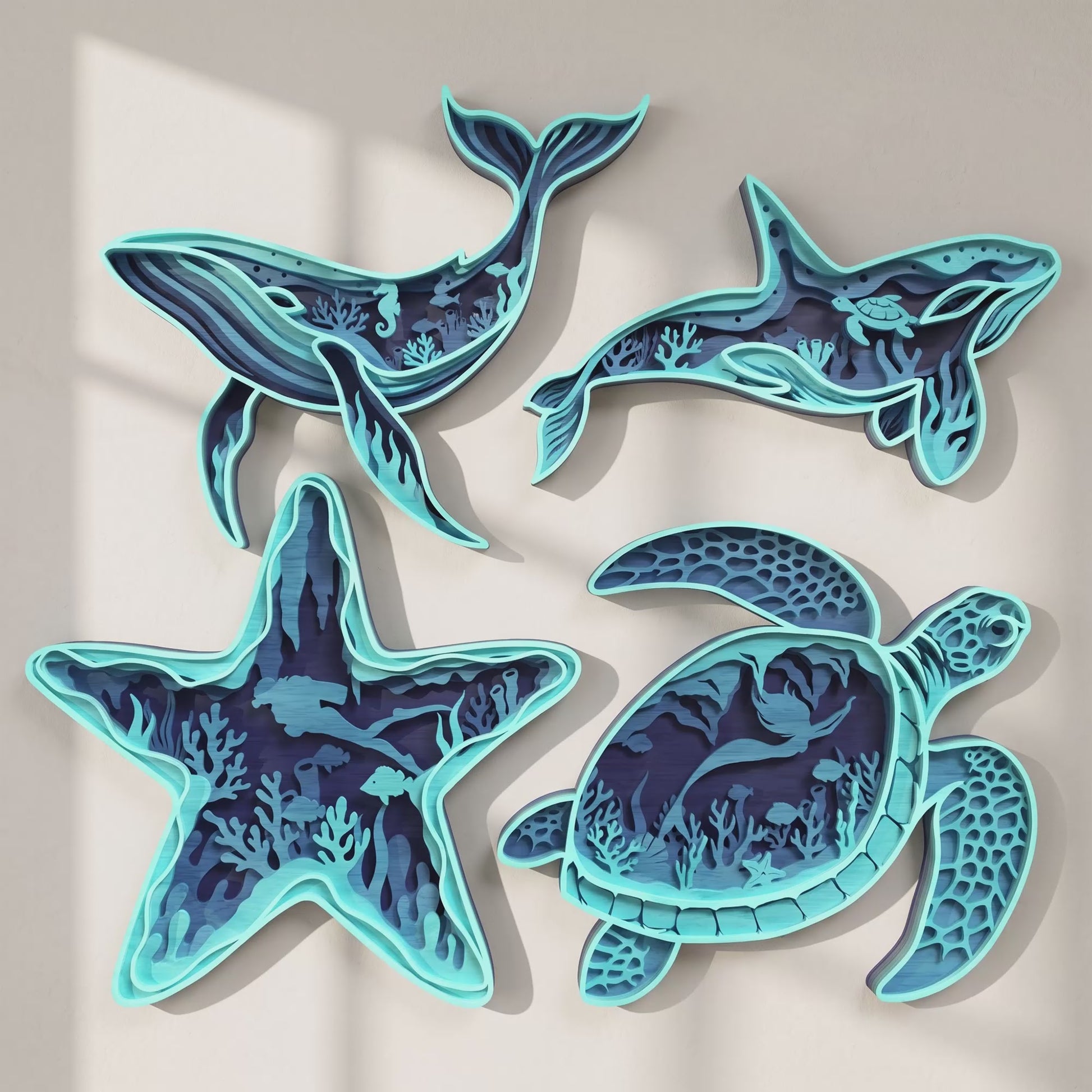 3D Multilayer Sea Life Wall Art Bundle SVG DXF Ocean Animals Plaque Laser Cut Files Compatible with All Machines