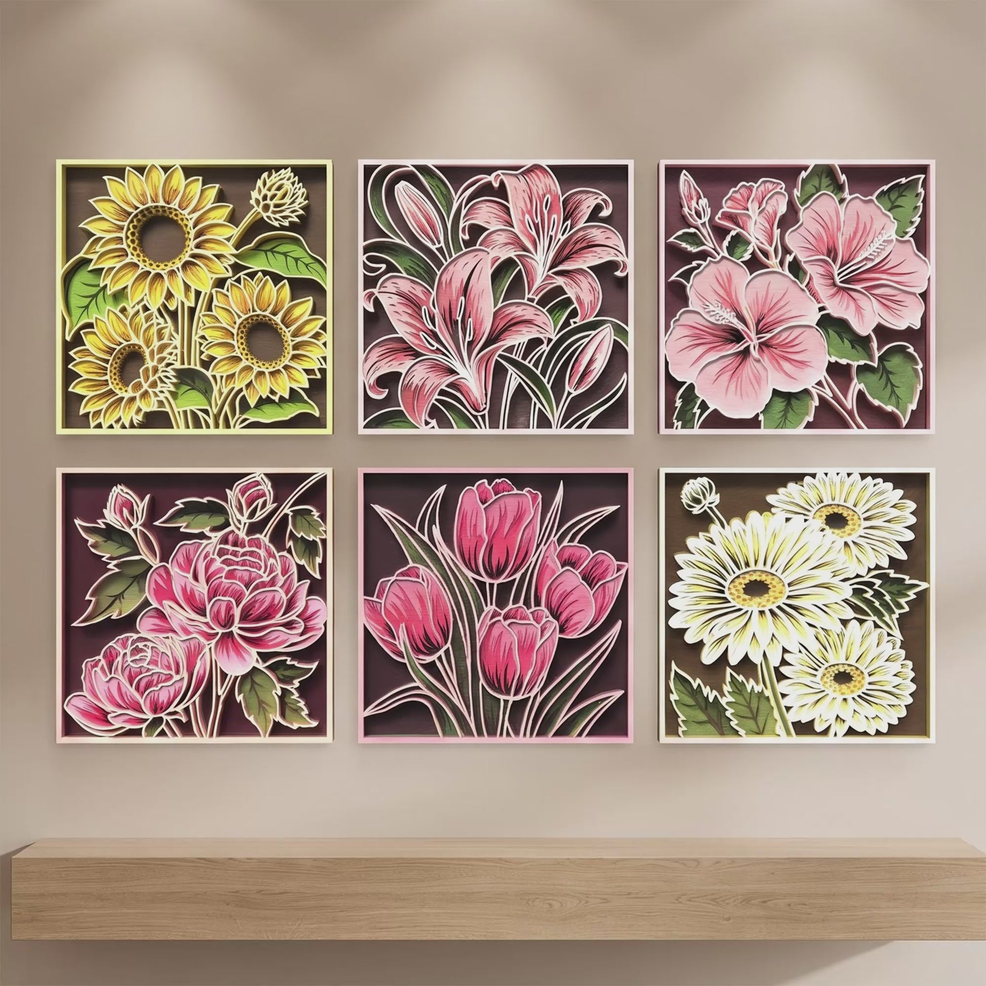 3D Multilayer Floral Wall Art Bundle SVG DXF Flower Frames Laser Cut Files Compatible with All Machines