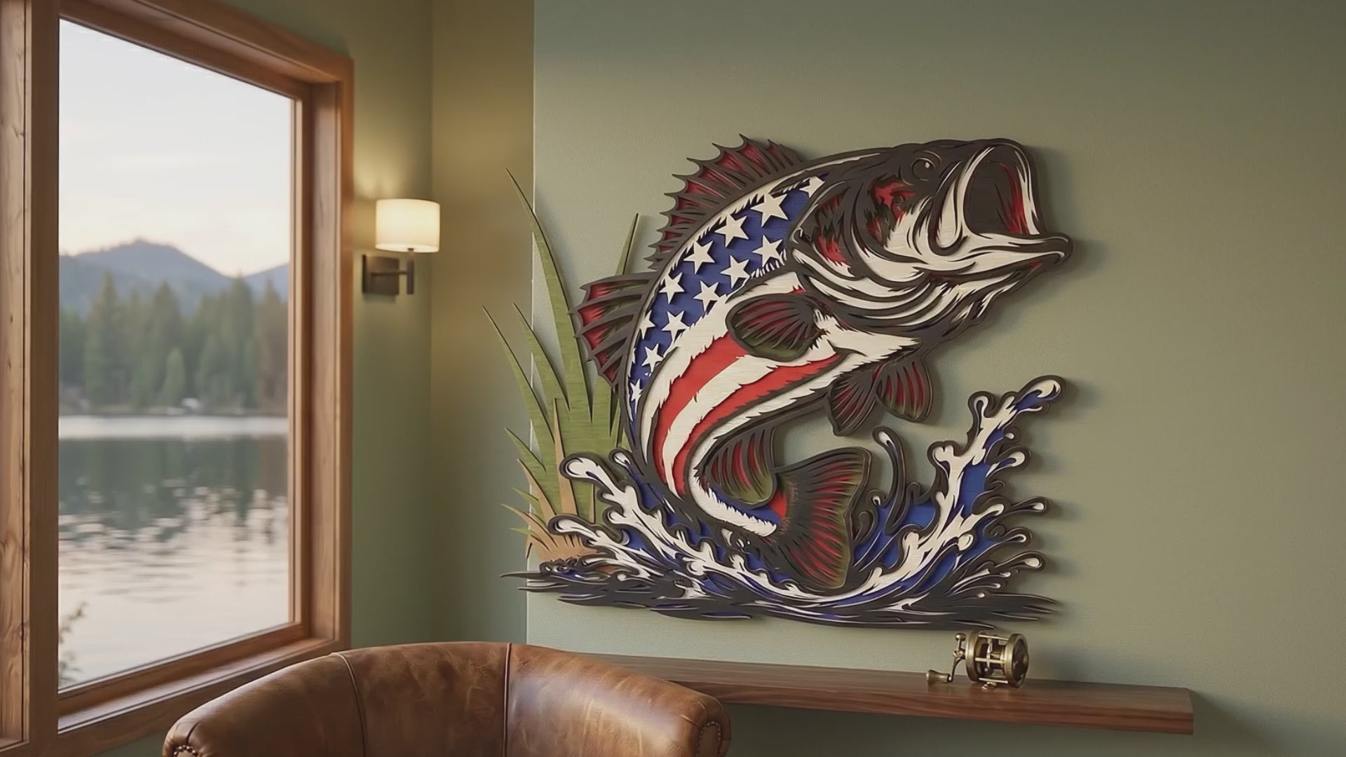 Patriotic Bass Jumping Fish Laser Cut File SVG DXF | American Flag Fish Wall Art | Glowforge LightBurn Digital Download