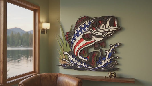 Patriotic Bass Jumping Fish Laser Cut File SVG DXF | American Flag Fish Wall Art | Glowforge LightBurn Digital Download