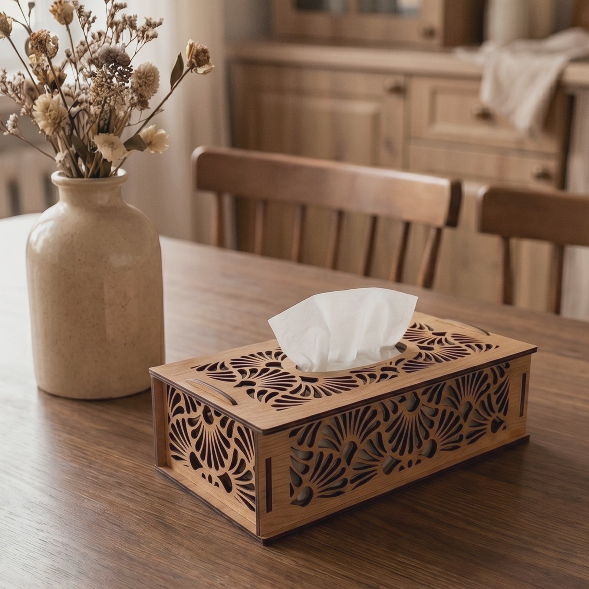 Floral Tissue Box Cover Laser Cut Wooden Holder Design for Glowforge Table Decor