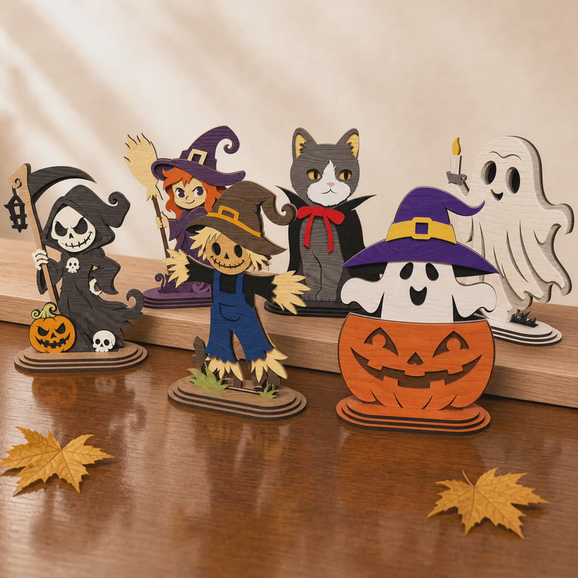 3D Halloween Layered Stand Ornament Cute Ghost Witch Scarecrow Bundle Laser Cut Vector Design for Glowforge Table Decor