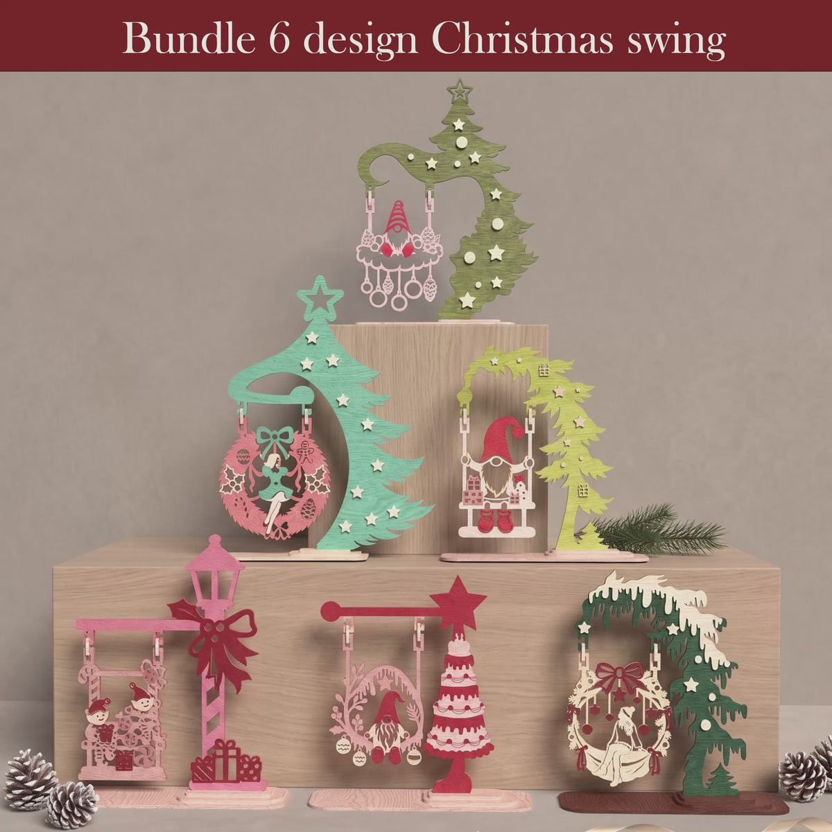 3D Multilayer Christmas Tree Stand Swings Bundle SVG DXF Holiday Tabletop Ornament Laser Cut Files Compatible with All Machines