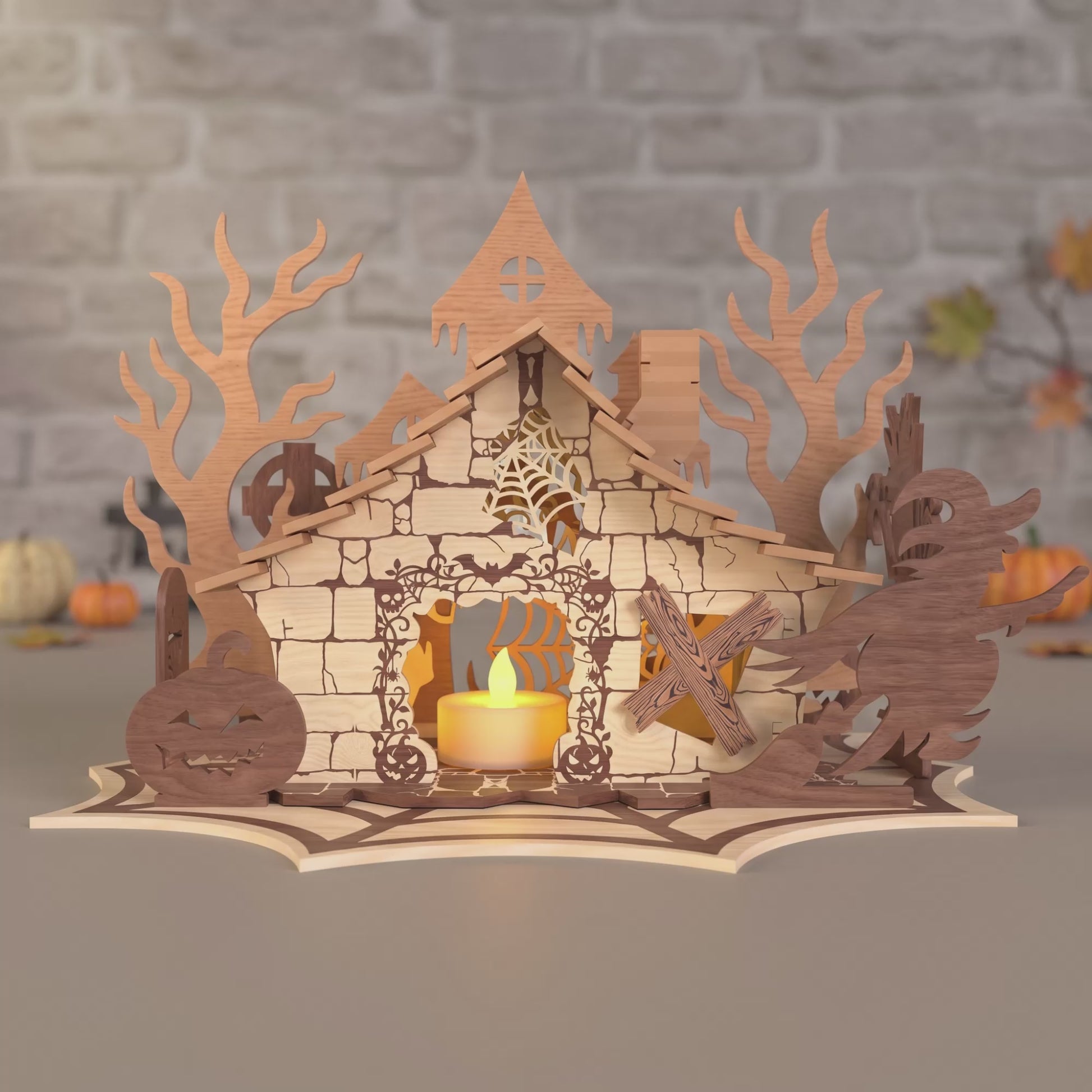 3D Halloween Witch Cabin Diorama Candle Holder Spooky Spider Web House Universal Vector Design for All Laser Cutters xTool Glowforge CNC