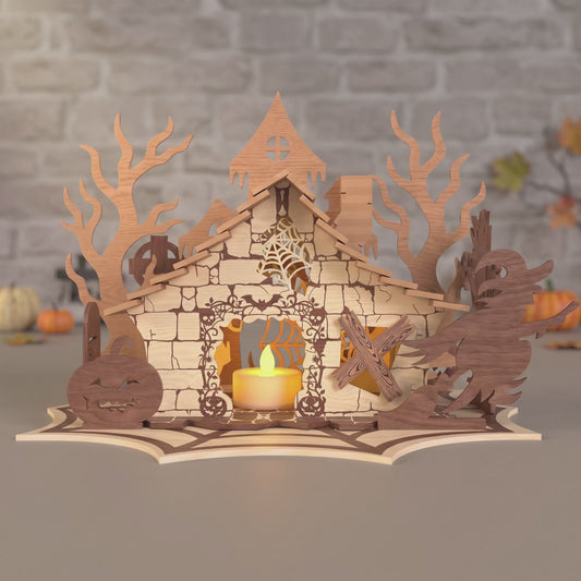 3D Halloween Witch Cabin Diorama Candle Holder Spooky Spider Web House Universal Vector Design for All Laser Cutters xTool Glowforge CNC