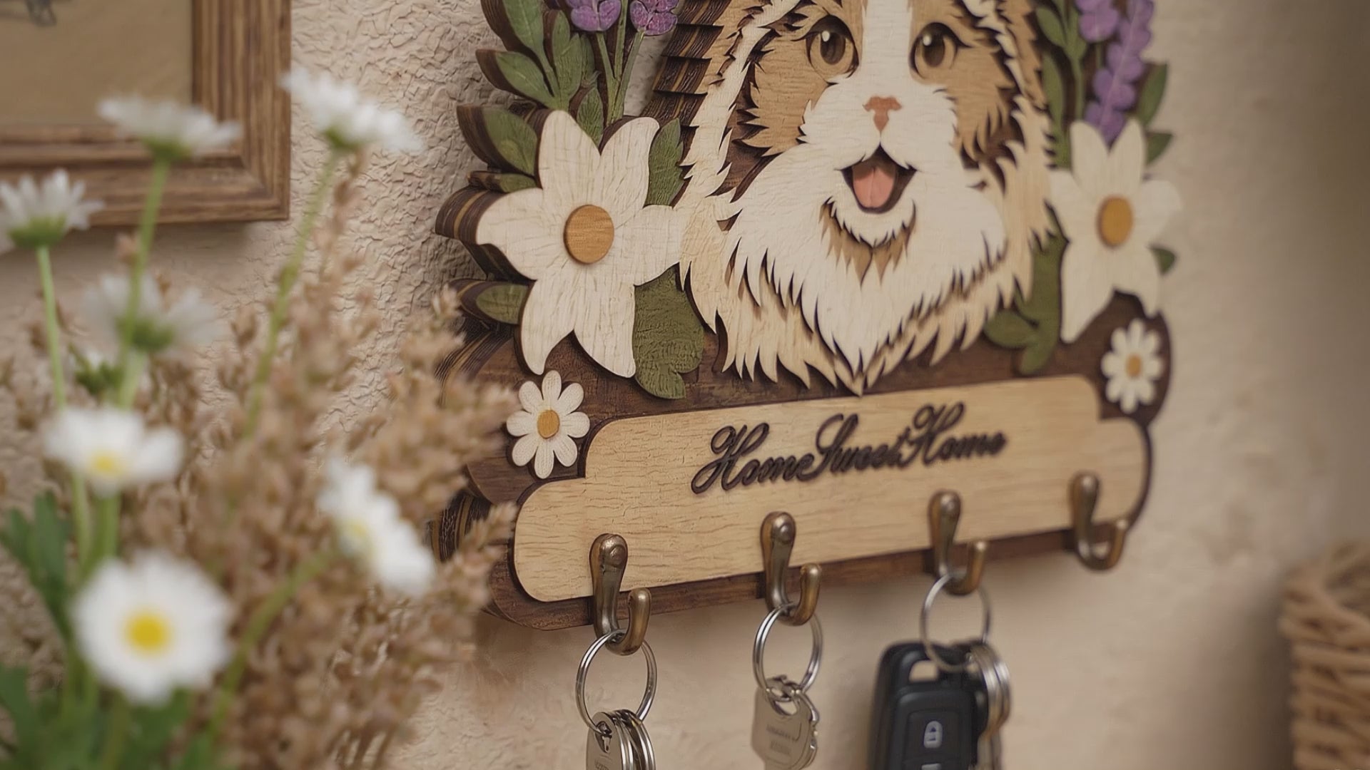 Multilayer Cute Cat Key Holder Home Sweet Home Sign Floral Universal Vector Design for All Laser Cutters xTool Glowforge CNC