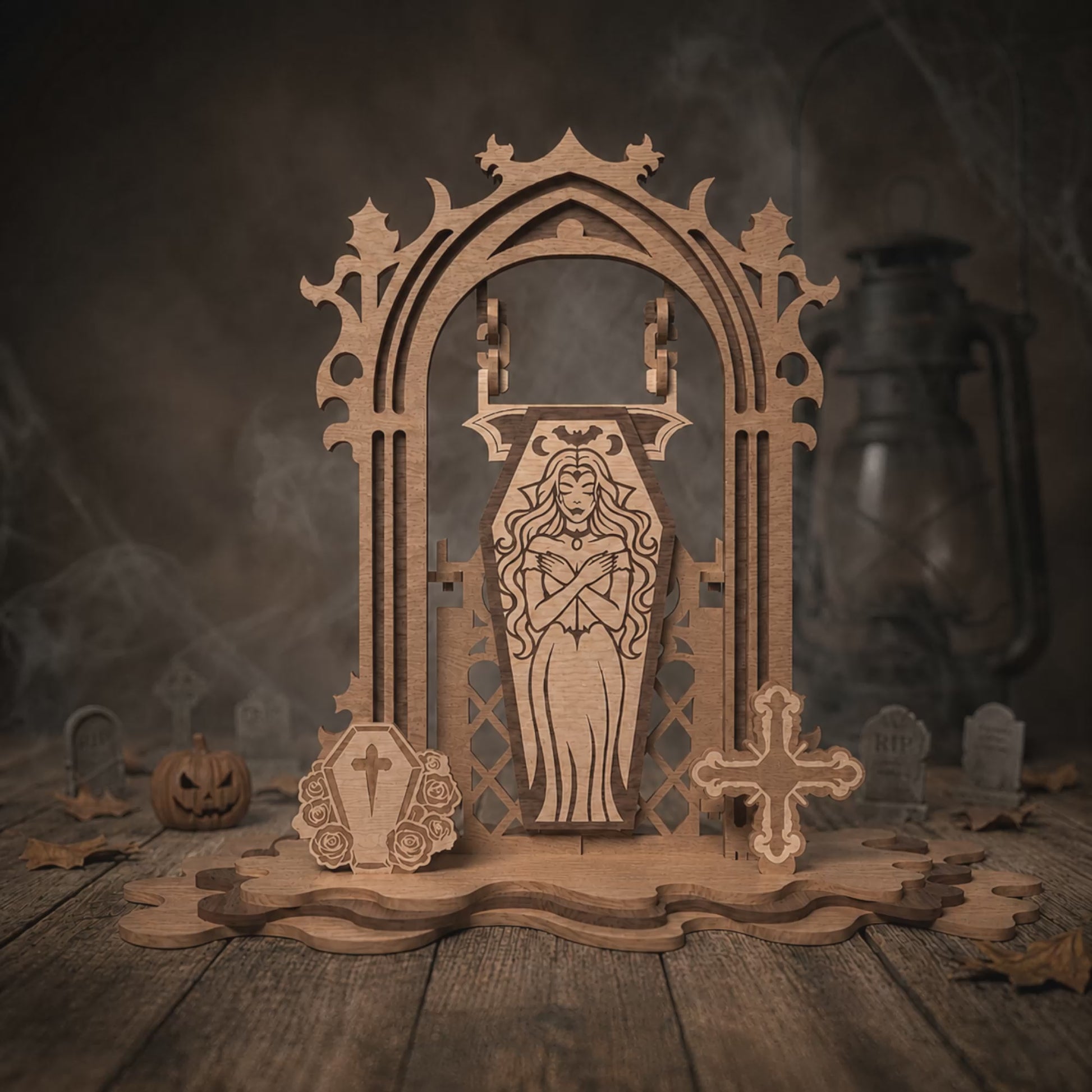 3D Halloween Vampire Coffin Hanging Gate Light Box Spooky Arch Universal Vector Design for All Laser Cutters xTool Glowforge CNC Table Decor