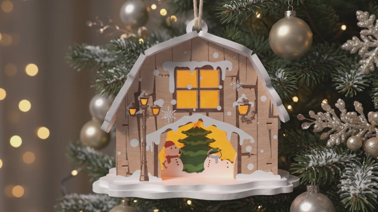 3D Christmas Cabin Hanging Ornament Snowman Winter Tree Light Box Universal Vector Design for All Laser Cutters xTool Glowforge CNC