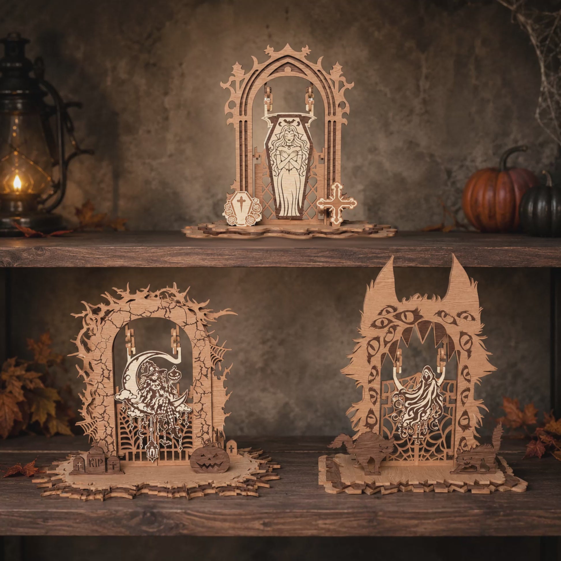 3D Halloween Moving Gate Diorama Bundle Witch Vampire Grim Reaper Universal Vector Design for All Laser Cutters xTool Glowforge CNC