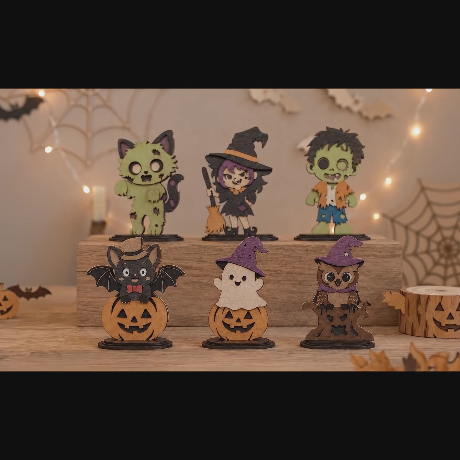3D Halloween Layered Stand Ornament Cute Witch Zombie Ghost Owl Cat Pumpkin Bundle Laser Cut Vector Design for Glowforge Table Decor