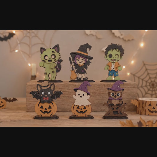 3D Halloween Layered Stand Ornament Cute Witch Zombie Ghost Owl Cat Pumpkin Bundle Laser Cut Vector Design for Glowforge Table Decor