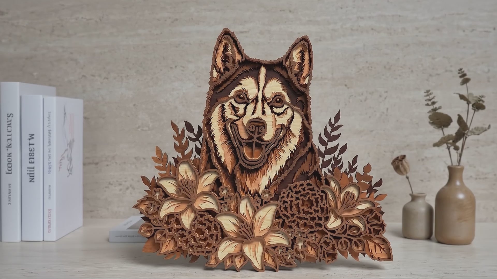 Husky Floral Layered SVG | Wolf Head with Lily Flowers Laser Cut File | Woodland Animal Wood Sign SVG | 3D Layered Wildlife Decor | Glowforge xTool CNC SVG