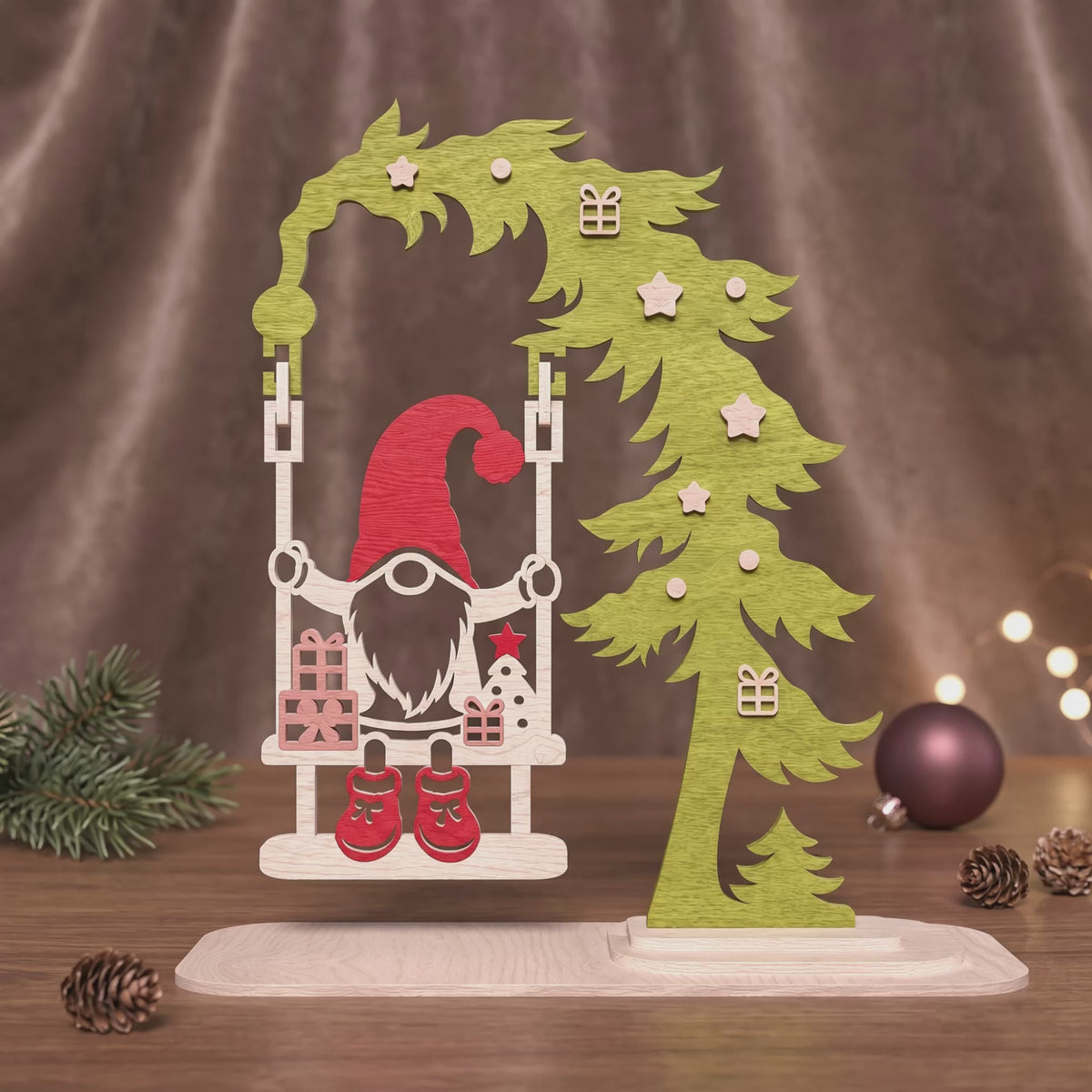3D Multilayer Christmas Tree Gnome Swing SVG DXF Holiday Tabletop Ornament Laser Cut Files Compatible with All Machines