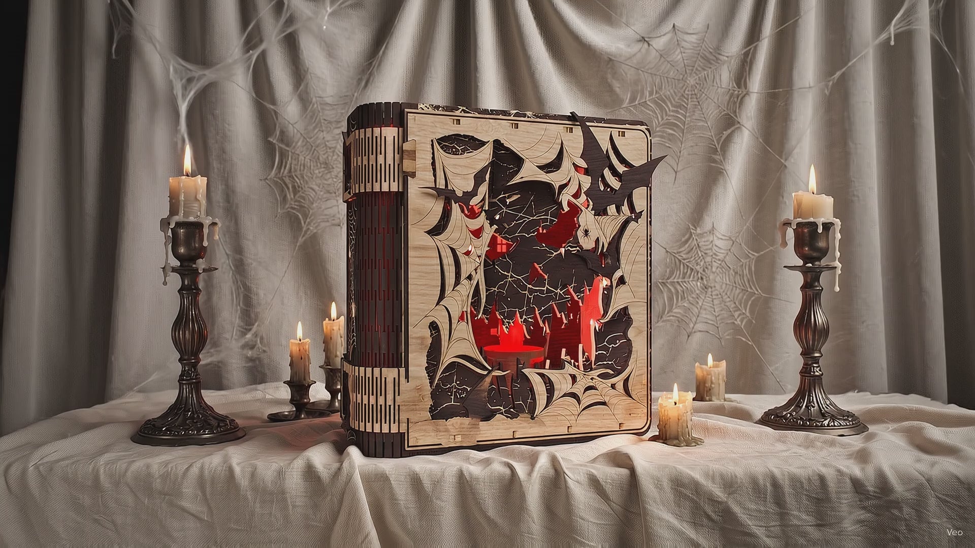 3D Halloween Book Nook Light Box Spooky Castle Spider Web Living Hinge Universal Vector Design for All Laser Cutters xTool Glowforge CNC