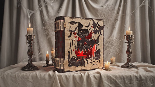 3D Halloween Book Nook Light Box Spooky Castle Spider Web Living Hinge Universal Vector Design for All Laser Cutters xTool Glowforge CNC