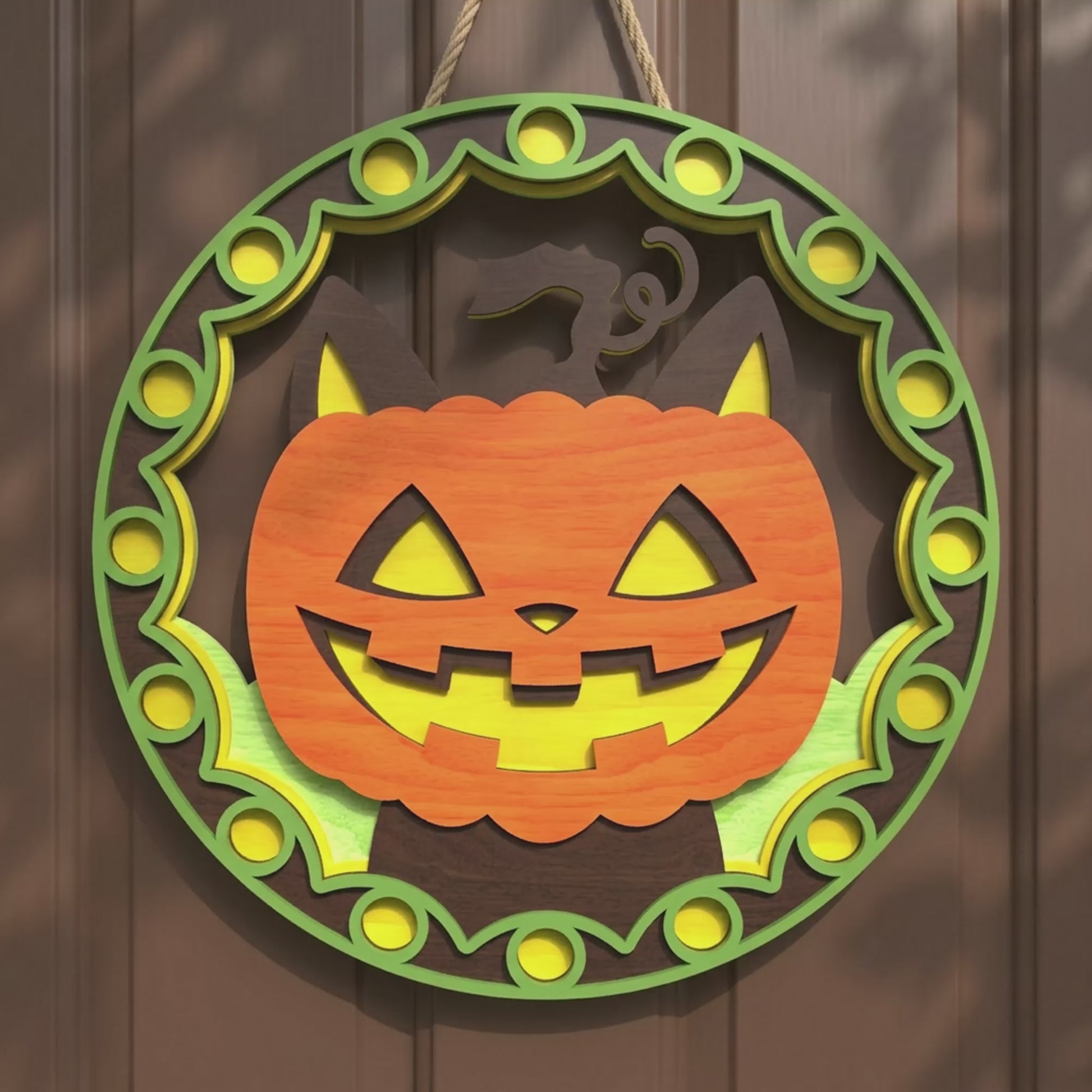 3D Halloween Door Hanger Bundle Cute Black Cat Pumpkin Ghost Sign Laser Cut Vector Design for Glowforge Table Decor