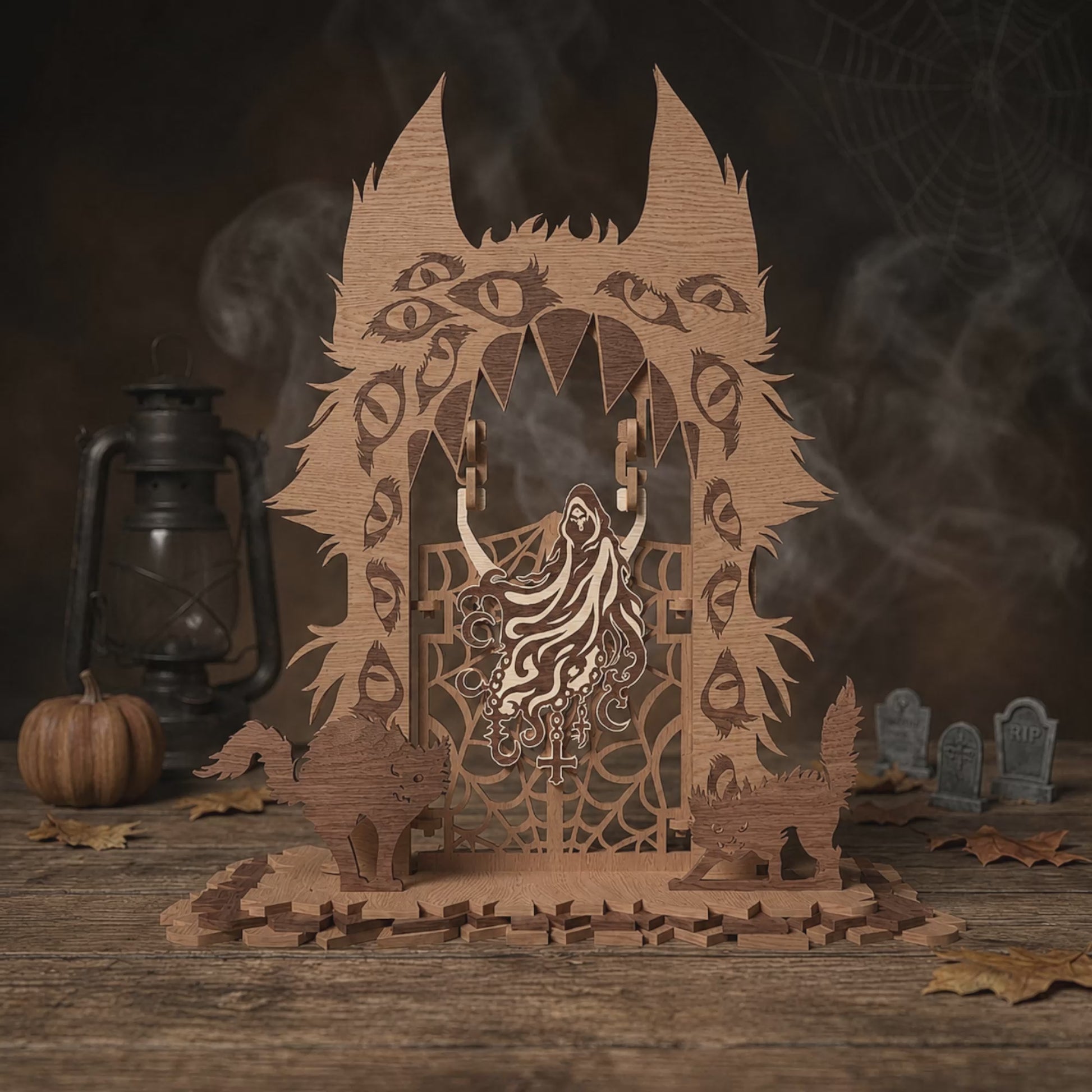 3D Halloween Reaper Ghost Hanging Gate Light Box Spooky Cat Arch Universal Vector Design for All Laser Cutters xTool Glowforge CNC Table Decor